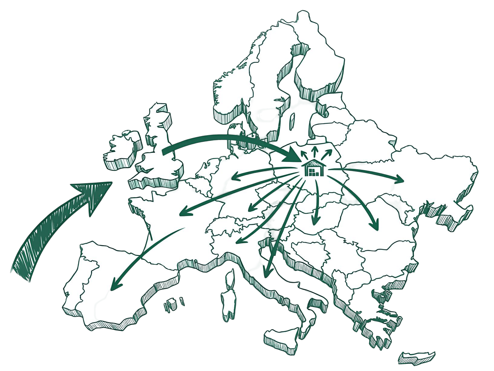 Map of Europe showing a hub in Poland with distribution arrows to EU countries